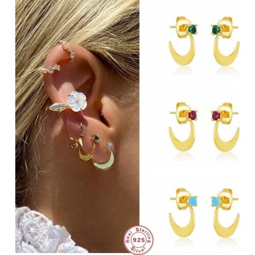 Aide Machete Shape Crystal Stud Earrings For Women Small Moon Circle Zircon Ear Stud 925 Sterling Silver Piercing Pendientes