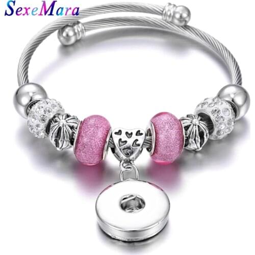 New Snap Jewelry 18mm Snap Button Cuff Bracelets Elastic Metal Beaded Snap Bracelet Bangle Flower Beads Bracelet Making Jewelry