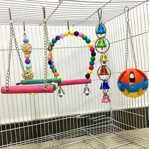 5PCS Bird Cage Toy Set Rattan Bird Swing Toy Parrot Hanging Bell Bird Chew Toy Standing Training Toys Funny Swing Toy