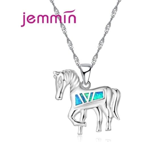 Cute Animal Horse Blue Fire Opal Necklaces For Kids Party Jewelry Accessory 925 Sterling Silver Pendant Necklace For Lady