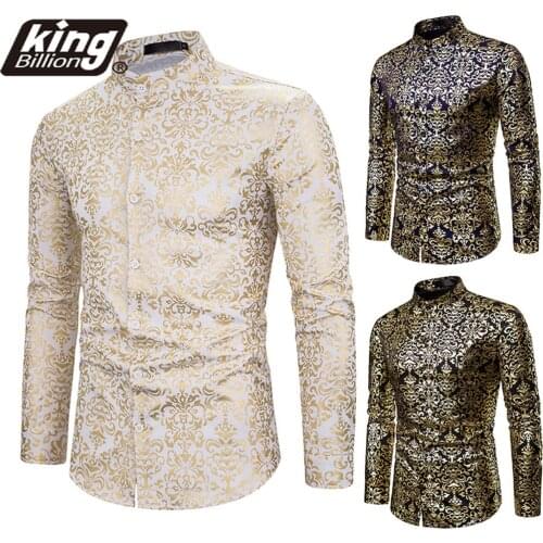 EU Size 2021 New Casual Mens Fashion Henry collar design Shirt gilded printing long sleeve Shirt Slim Fit Social Dress