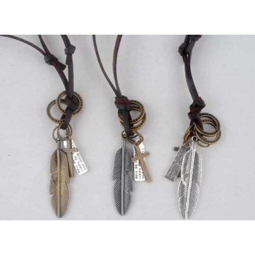 New collares necklaces & pendants Cool Rock Feathers Pendant Genuine Leather Long Chain Necklace Vintage Design Men Necklaces