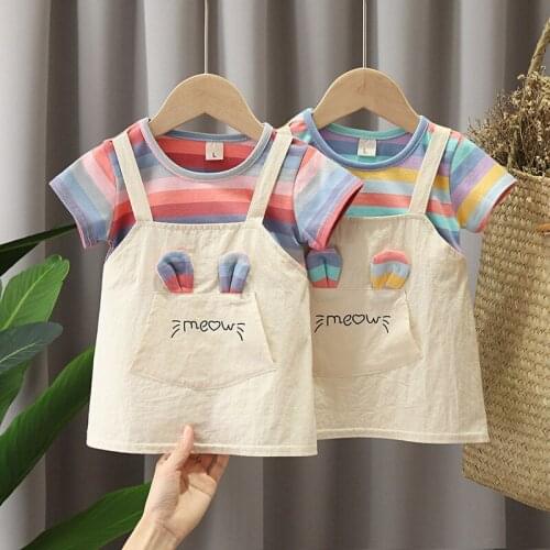 Girls' dresses 2021 new summer childrens clothing striped short-sleeved fake two-piece little girl childrens sling skirt tide