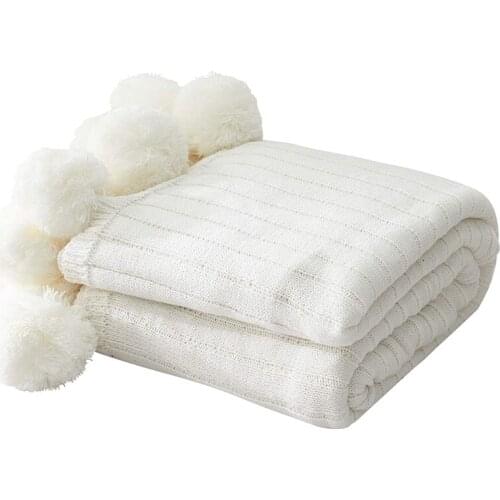 Throw Blanket for Couch,White Pom Pom Throw Blanket Knit Blanket with Pom Poms,Fuzzy,Fluffy,Soft,Cozy,Warm Knitted Cover