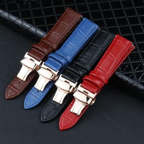 Genuine Leather Butterfly Buckle watch Strap 14 16 18 20 22 mm Black Watch Band Accessories Brown Belt Watchbands High Qualit