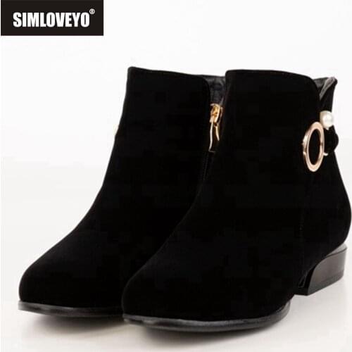 SIMLOVEYO Womens ankle boots Flats Female mujer Zipper Flock Solid Metal decoration Simple and Generous Black Boats 2022 S2406
