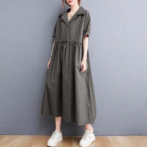 Johnature Casual Simple Turn-down Collar Tie Summer New Women Dresses 2021 Solid Color Loose Pockets Short Sleeve Dress