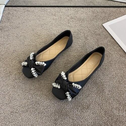 Womens 2021 new summer all-match shallow mouth womens bowknot pearl gentle flat shoes
