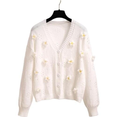 New White Flower Sweater Jacket Women Fashion Loose Openwork Sweaters Lady Spring Autumn Cardigan Sweater Female Thin Outer Wear