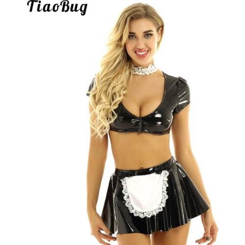 TiaoBug Women Wetlook Patent Leather Maid Cosplay Costumes Outfit V-Neck Short Sleeve Crop Top With Flared Mini Skirt And Choker