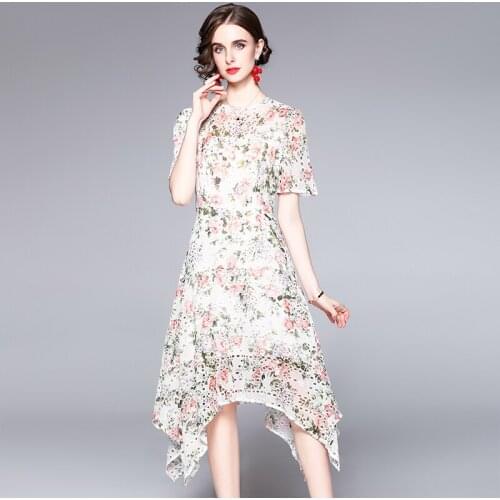 Womens Runway Fashion Hollow Out Embroidery Midi Asymmetrical Dress Summer Short Sleeve Floral Printed Party Vestidos Female