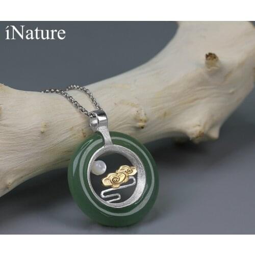 INATURE Natural Aventurine Cloud and Moon Round Pendant Necklace For Women 925 Sterling Silver Long Chain Necklace Jewelry Gift
