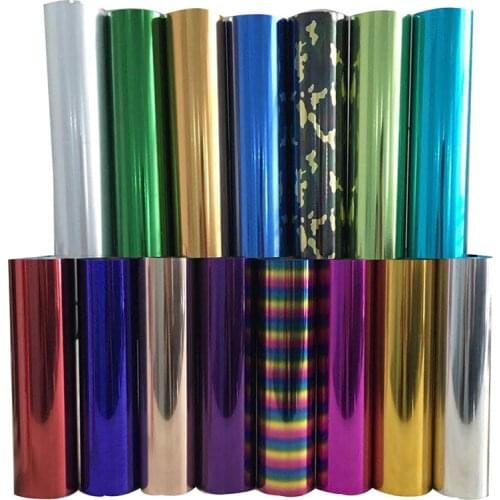 Free shipping 25cmx100cm metallic heat transfer vinyl metal light mirror Camouflage Rainbow Iron on Film HTV