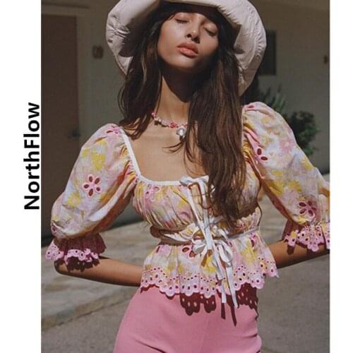 Northflow Blusas Blouse Mujer de moda Embroidery Floral Square Collar Kimono Cascading Blouses Plus size Womens Tops