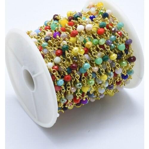 12x4mm Handmade Glass Beaded Chains Jewelry DIY Making with Spool Brass Findings, Rondelle ,10m/roll F60