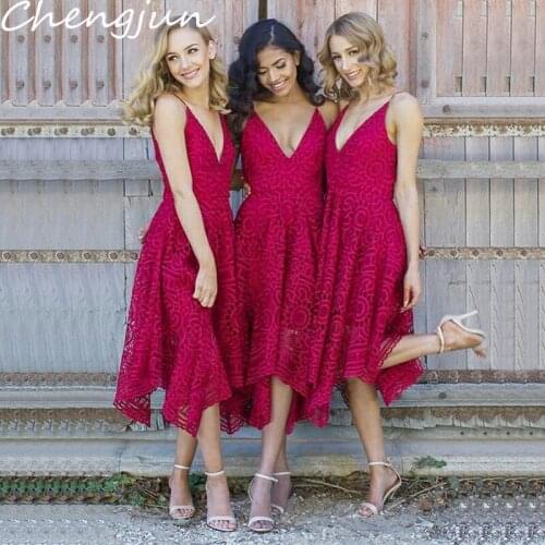 Chengjun Tea Length Korean Lace Custom Beach V Neck Burgundy Bridesmaid Dresses