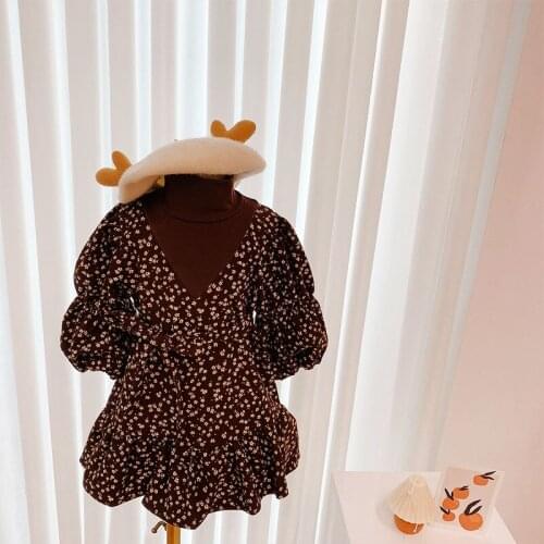 Childrens Long Sleeve O Neck Vintage Floral Print Princess Girls Kids Casual Dress Vestidos