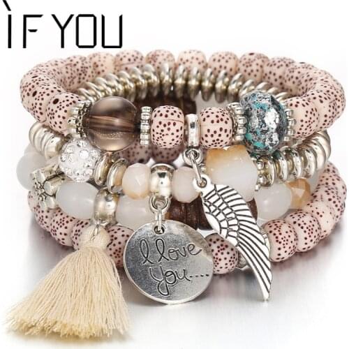 IF YOU Wing Tassel Letters Multilayer Bracelets For Men Imitation Natural Stone Charms Bracelets Bangles Jewelry Dropshipping