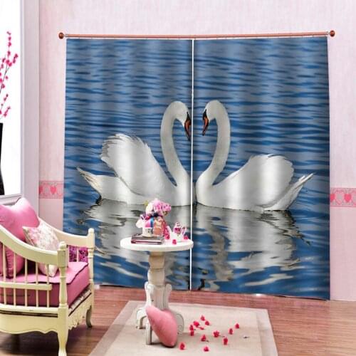 Photo 3D Curtains for Living Room Window blue lake swan curtains 3D Blackout Window Curtains For Living Room
