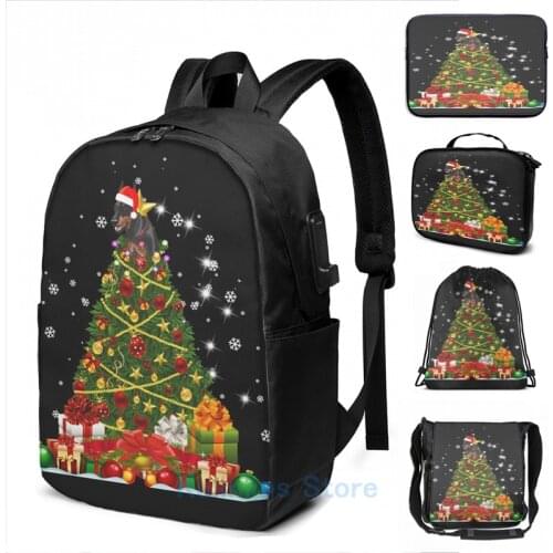 Graphic print Doberman Pinscher Christmas Tree Led Lights Dog USB Charge Backpack men School bags Women bag Travel laptop bag