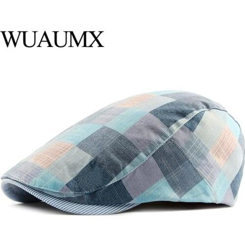Wuaumx Summer Berets Hat Men Colorful Plaids Newsboy Cap Women Artist Painter Visors Herringbone Beret Cap Duckbill Ivy Flat Cap