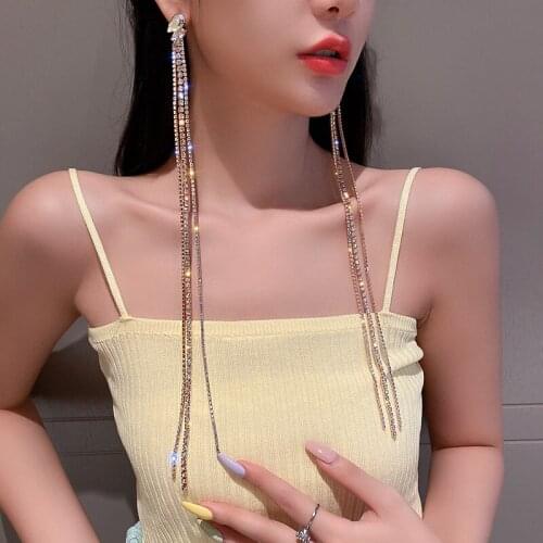 Minar Trendy Rainbow Rhinestone Drop Dangle Earrings Gold Color Metal Crystal Long Tassel Earrings for Women Party Jewelry 2021