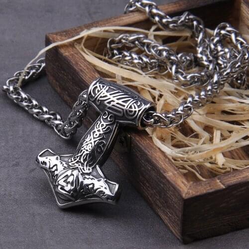 Men Viking Odin Axe Head Thors Hammer Mjolnir Pendant Necklace Norse Jewelry Punk Style Scandinavian Stainless Steel never Fade