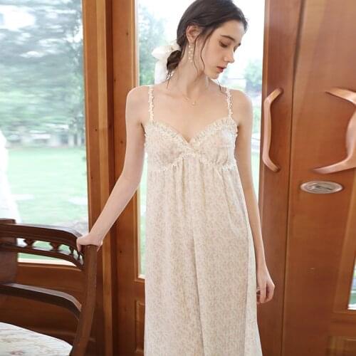 French Princess Style Printed Lace Nightdress Female Ice Silk Summer New Suspender Nightgowns Sexy Sweet Home Sleeping Dress