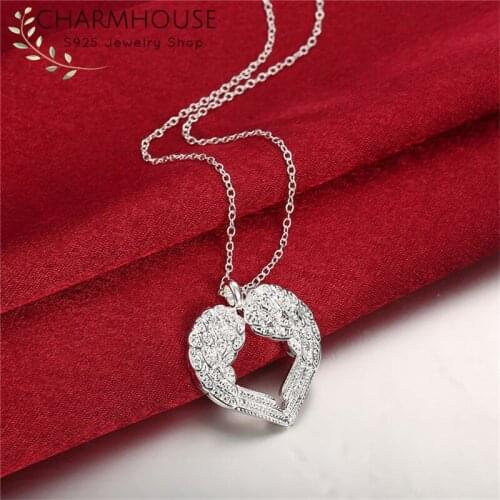 New Fashion 925 Solid Silver Necklaces For Women Heart Wing Pendant Necklace Link Chain Wedding Bridal Jewelry Accessories