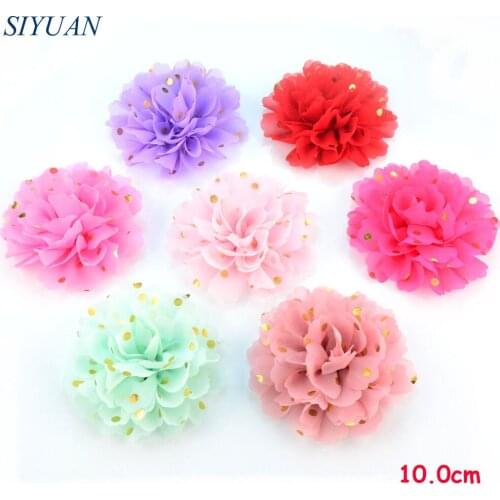 Wholesale 160pcs/lot 10.0cm Large Gold Polka Dotted Fabric Chiffon Flower Dress Apparel Headband Accessories 32 Colors H0251