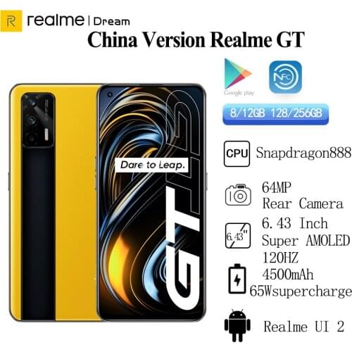 Original realme GT 5G Mobile Phone 8GB 128GB 6.43"120Hz SuperAMOLED Snapdragon 888 Octa Core 65W Fast Charger NFC Android 11