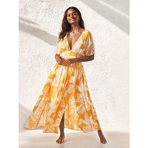 CUPSHE Yellow Floral V-neck Maxi Dress For Woman Sexy Side Split Short Sleeve Beach Dress 2021 New Summer Sundress Vestidos