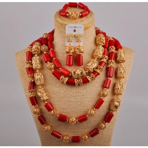 Luxurious Red Coral African Jewelry Set Women Necklace Nigerian Coral Beads Bridal Jewelry Sets