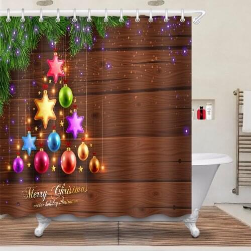 Christmas Decorations Shower Curtain Rustic Vintage Wooden Board Bathroom Washable Waterproof Polyester Fabric for Bathtub Decor