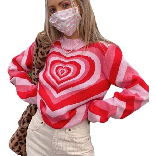 Y2k Sweater Turtleneck Women Heart Striped Print Sweaters E-girl Sweet Pullover Long Sleeve Top Red Sweater 90s Knitwear Свитер