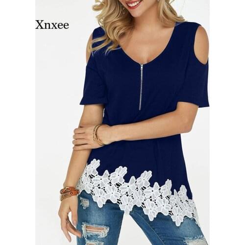 Summer Short Sleeve Lace T Shirt Women Ladies Off Shoulder Hollow Out V Neck Patchwork Casual Sexy Fashion Shirts Tops Blous