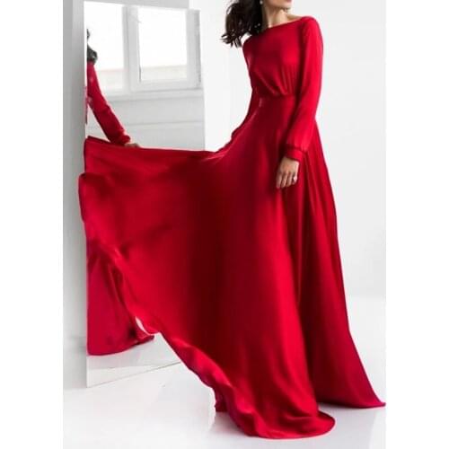 Sexy Red A-line Backless Long Formal Evening Dress Boat Neck Long Sleeves Satin Banquet Prom Gown vestidos de festa