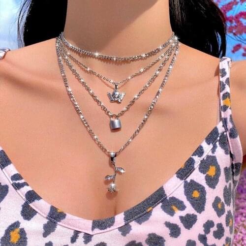Goth Multi Layer Angel Rose Pendant Necklace For Women Metal Lock Cool Charm Hip Hop Punk Y2K Choker Necklace Jewelry Gifts New