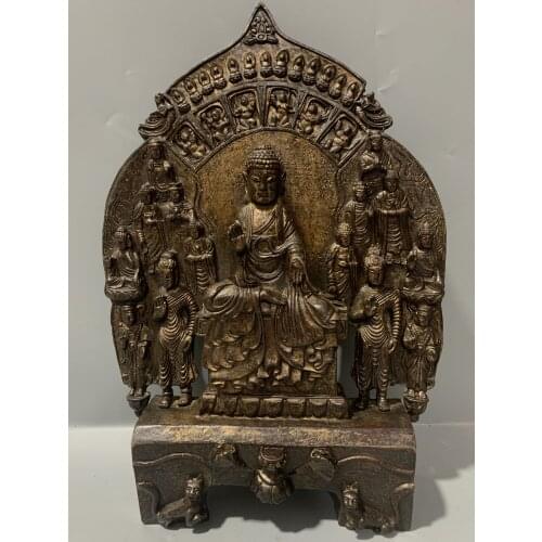 13"Tibet temple Old Bronze Cinnabar Lacquer Northern Wei Buddha Sakyamuni Thousand Buddhas worship Enshrine the Buddha