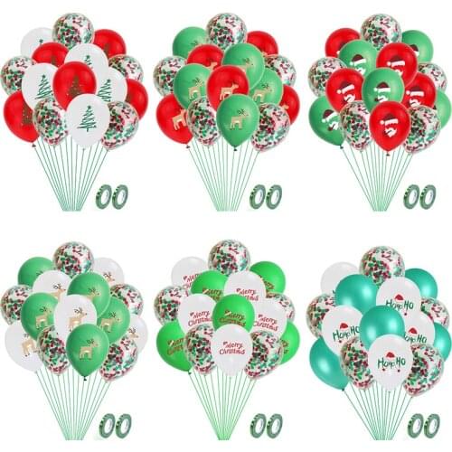 17pcs Merry Christmas Balloons with Green Ribbon Tree Santa Deer Pattern Latex Ballons for Xmas Decoration Confetti Air Balls