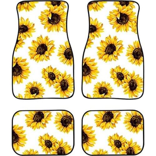 Aimaao Sunflower Print with White Background Car Floor Mat 4piece Set Universal Fit Durable Washable Carpet All-Weather