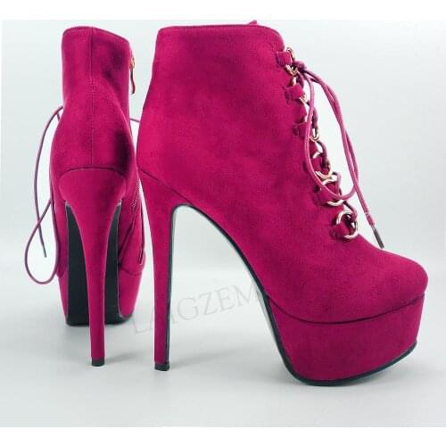 BERZIME FASHION Ankle Boots Platform Side Zip Booties Stiletto Heels 2021Winter Lace Up Shoes Woman Large Size 39 43 45 47 52