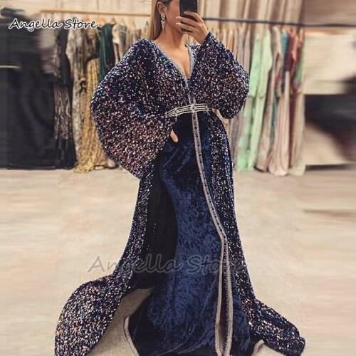 Glitter Navy Blue Mermaid Formal Evening Dresses 2021 Moroccan Caftan Arabic Long Sleeves V Neck Long Mermaid Prom Party Gowns