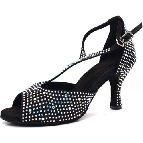 Black meduim heel 7cm Evkoodance Shoes satin latin dance shoes Satin Professional Latin Ballroom Dance Shoes For Women