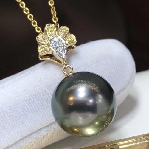 D203 Fine Jewelry 18K Gold Natural Ocean Tahiti Black Pearl 12-11mm Pendants Necklaces for Women FIne Pearls Pendants