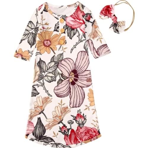 Toddler Kids Floral Sleepbag Cotton Baby Grils Blanket Swaddle Wrap Gown 2PCS Outfits Set Sleepbag+ Headband Set