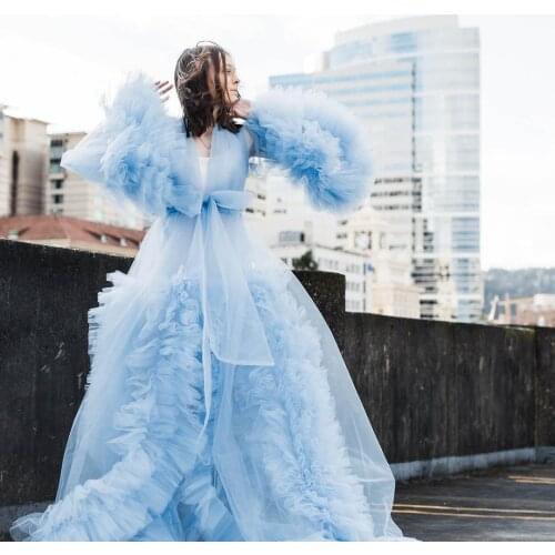 Designer Womens Summer Dresses for Photoshooting Sky Blue Formal Party Dress Open Front Bridal Dressing Gown Maternity Robes