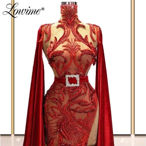 Lowime Elegant Dubai Evening Dresses Long Capped Sleeves Party Dress Mermaid Velvet Prom Gowns Beaded Vestidos Evening Wear Robe