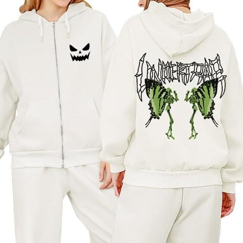 Gothic Streetwear Butterfly Skeleton Pullover Zip Hoodie Y2k Cotton Top Ulzzang Skulls Print HipHop Punk Harajuku Casual Hoodies