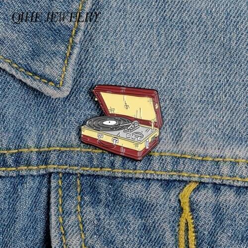 QIHE JEWELRY Suitcase Shape pins Classic Vinyl Record Player Lapel pins Brooches Badges Denim Clothes Bags pins Gift for Friends